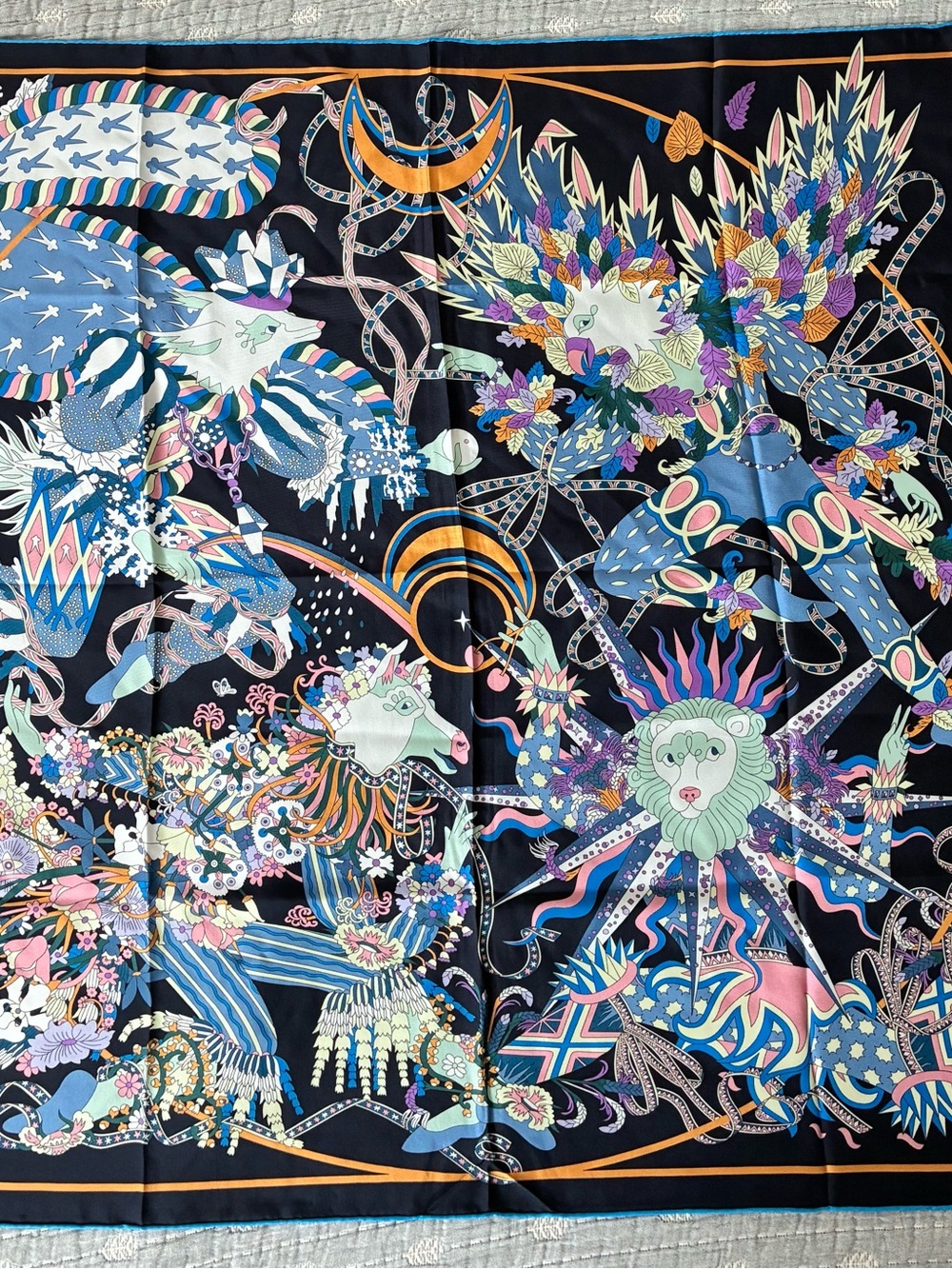 Designer Inspired Whimsical Scarf in Navy and Pastel - Picture 2 of 7